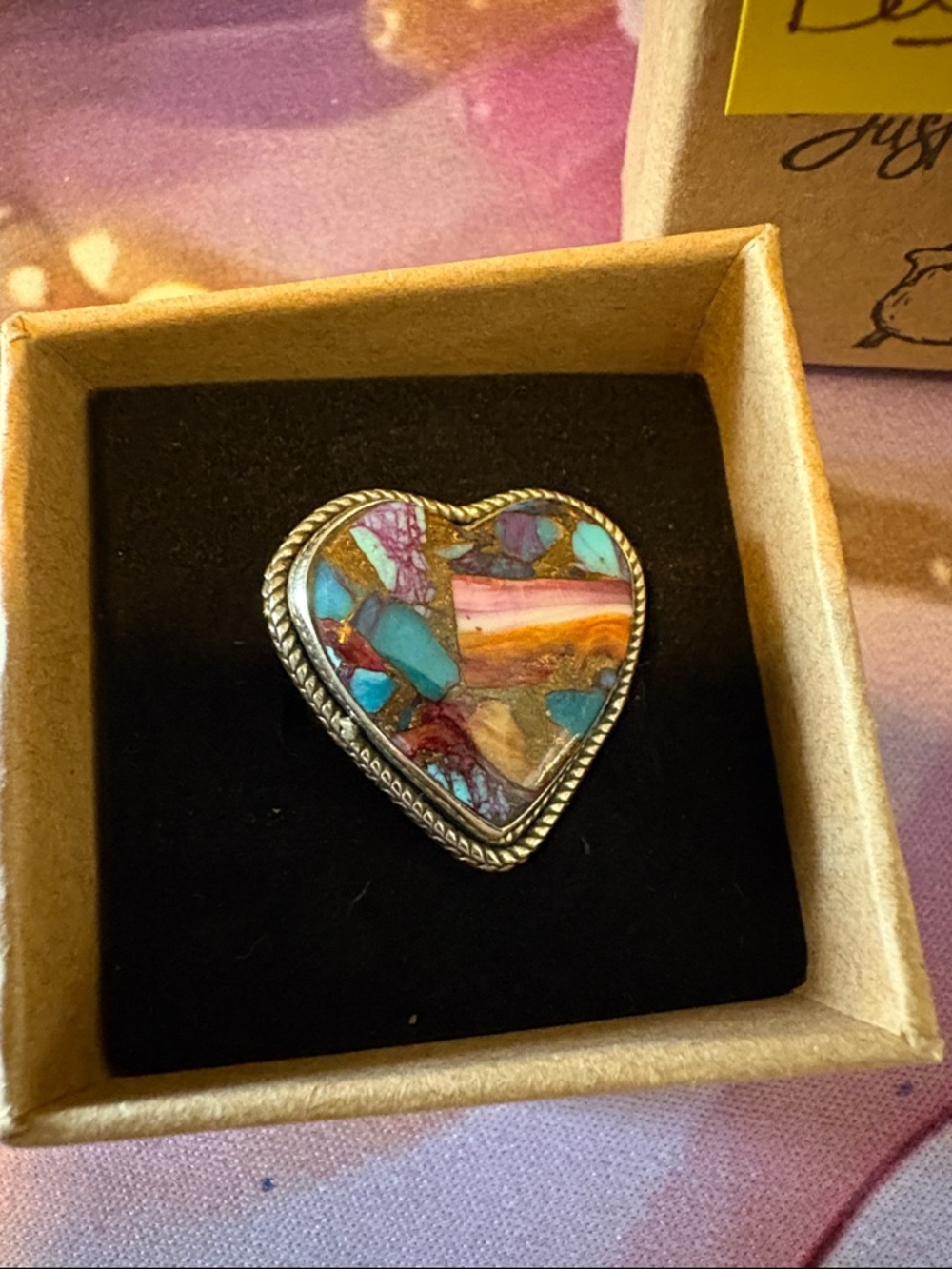 Just Be Hipie Genuine stones Heart Inlay Statement Ring on sterling silver